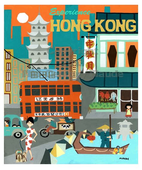 Hong Kong Mid Century Modern Travel Poster Art Print Retro Etsy