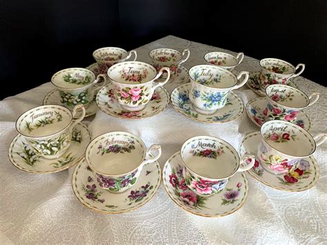 Set Of 12 Royal Albert Cups And Saucers Flowers Of The Month Etsy