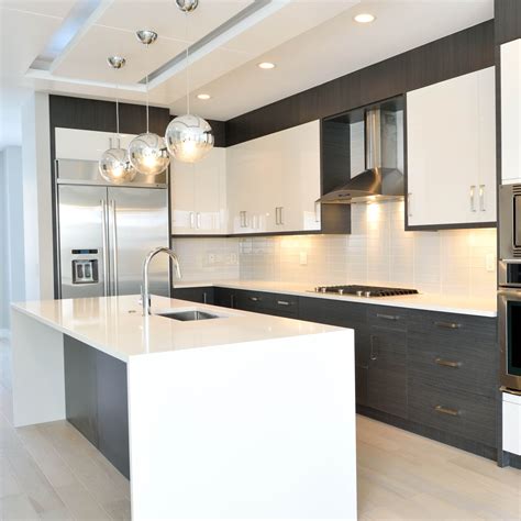 Modern Kitchen Design With Grey Bark And Acrylic White Cabinets And