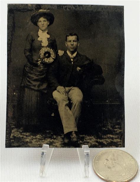 Lot Antique C 1880 Tintype Of A Young Couple W Fancy Dress Hand