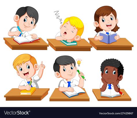 Happy Kids Or Children Sitting At Desk School Vector Image