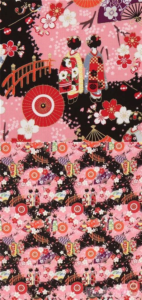 Cosmo Black Pink Metallic Gold Geisha Sakura Flower Fabric