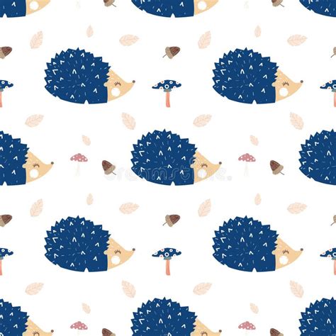 Seamless Cute Hedgehogs With Mushrooms Pattern Vector Illustration