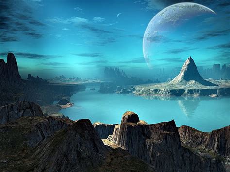 Alien World Rock Formations Moon Water Blue Sky Clouds Hd