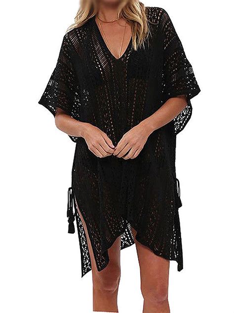Women Hollow Out Beach Swimsuit Cover Ups Tassel V Neck Loose Knitted