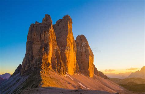 Tre Cime Di Lavaredo During Sunset Dolomites Italy Stock Photo