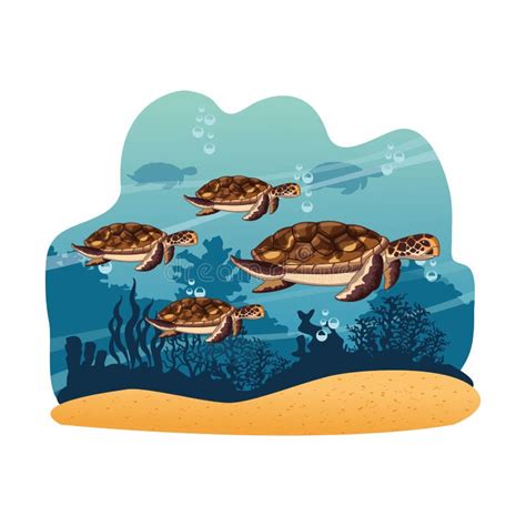 Set Of Sea Turtles Marine Fish And Algae Watercolor Stock Vector
