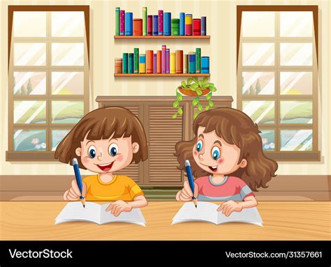 Two Kids Cartoon Character Doing Homework In The Vector Image