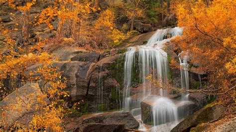 California Cascade Waterfalls Rock And Trees With Yellow Leaves Hd