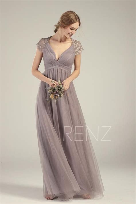 Mauve Bridesmaid Dress Tulle Prom Dress Long Empire Waist Ruched V Neck