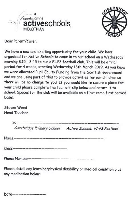 P1 3 Active Schools Football Letter Gorebridge Primary School