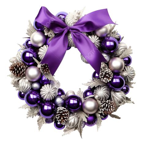 Christmas Door Wreath With Silver Pine Cones And Purple Baubles