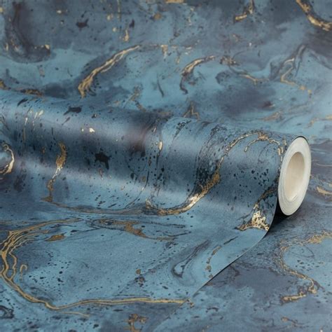 Onyx Marble Metallic Wallpaper Navy Blue Gold Blue And