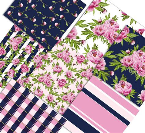 Pink And Navy Blue Peony Watercolor Seamless Digital Patterns Etsy