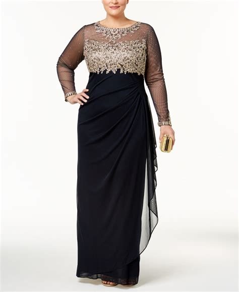 Xscape Plus Size Embroidered Illusion Gown Navygold In 2020 Plus