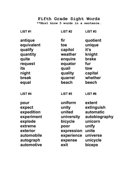 Vocabulary List For 5th Grade