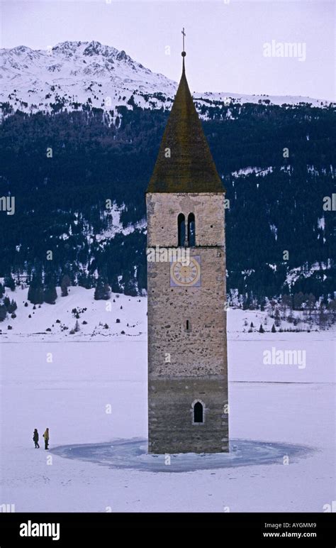 The Church Of Graun In Frozen Hydroelectric Damed Lake Resia Reschensee