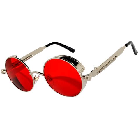 060 c12 steampunk gothic sunglasses metal round circle silver frame red lens one pair online