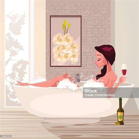 Happy Smiling Woman Character Taking Bath Relaxing And Drink Wine Stock Illustration Download