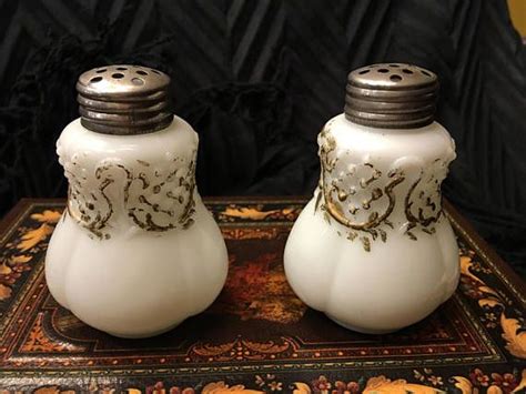 Free Shipping Early Victorian Milk Glass Painted Salt And Pepper Shakers Salt And Pepper