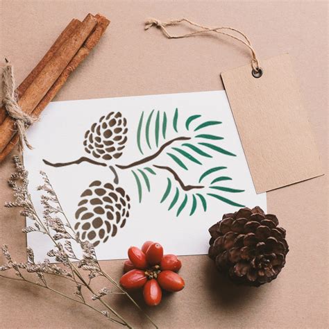 Pine Cone Stencil Conifer Branch And Pine Cones Template By Etsy 日本
