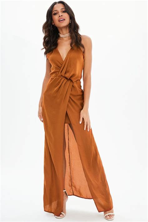 Rust Satin Front Split Wrap Maxi Dress Missguided Orange Prom