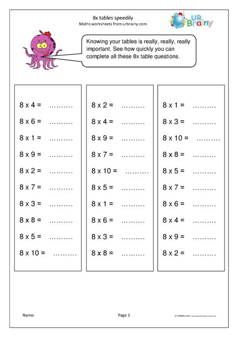 8x Table Speed Multiplication Maths Worksheets For Year 3 Age 7 8