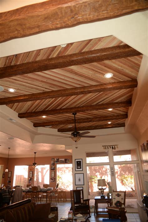 Rustic faux wood beams elmwood reclaimed timber. Accenting a Plank Ceiling with Beams - Barron Designs