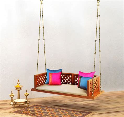 Solid Wood Handcrafted Indian Traditional Swingjhoola With Carved Bac