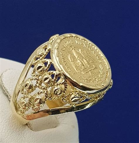 18 Kt Yellow Gold Ring Set With 2 Mexican Pesos Gold Coin Size Hk 12