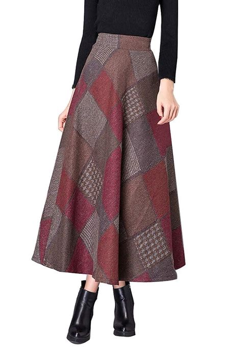 buy daxvens women long plaid skirt with pockets wool blend high waist a line midi tartan flare