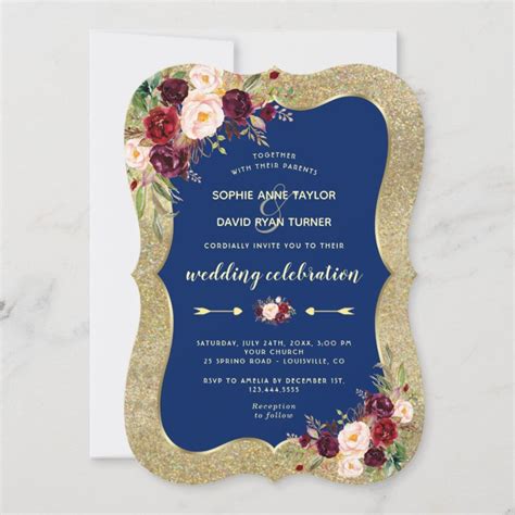 Royal Navy Blue Burgundy Floral Gold Wedding Invitation Zazzle