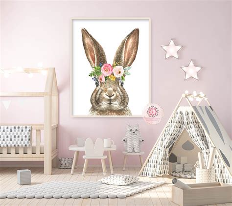 Boho Bunny Rabbit Wall Art Print Woodland Nursery Baby Girl Room Flora