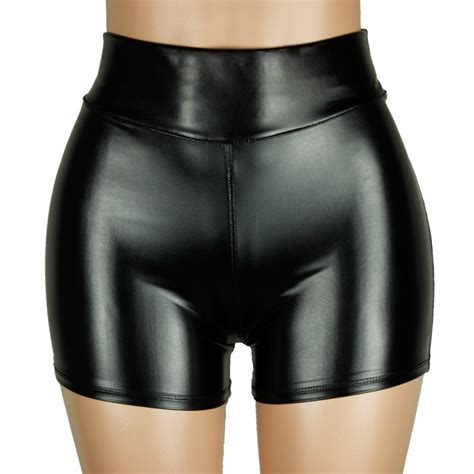 Women High Waist Faux Leather Sexy Slim Solid Black Short Pants Murass