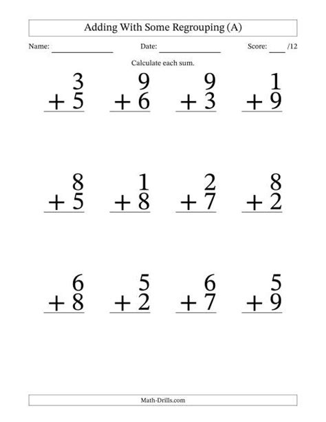 Single Digit Addition Some Regrouping 12 Per Page A