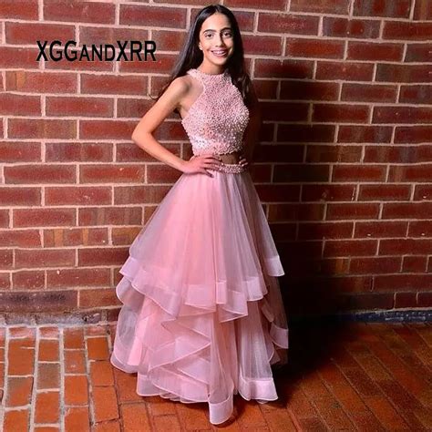 Pink Two Pieces Long Evening Dress 2019 Halter Prom Party Gown Tulle