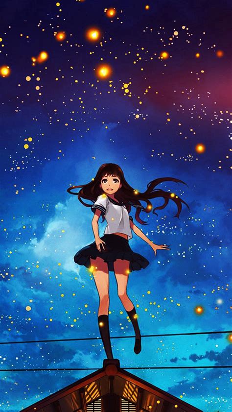 Girl Anime Star Space Night Illustration Art Flare Iphone Wallpapers