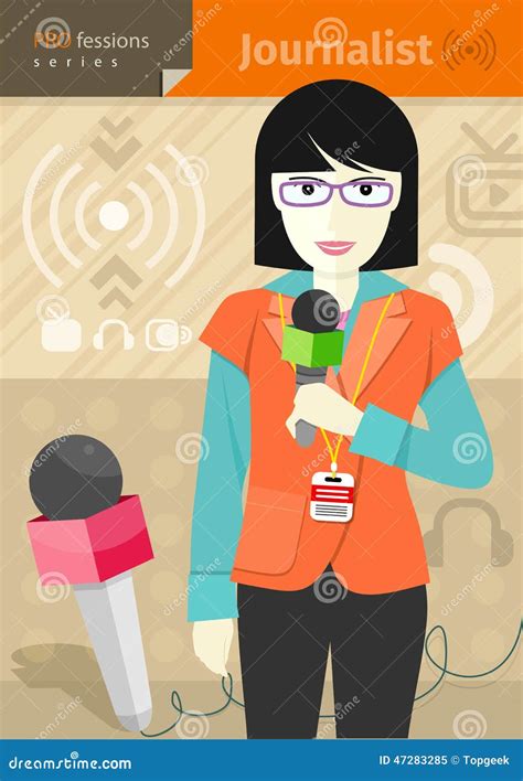 Female Journalist With Badge Holding Microphone Stock Vector