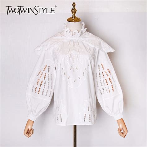Twotwinstyle Patchwork Hollow Out White Blouse For Women Stand Collar Lantern Long Sleeve Casual