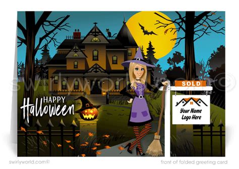 Realtor® In Witch Costume Haunted House Client Printed Halloween Cards Swirly World Design