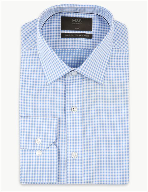 Marks And Spencer Mand5 Blue Mens Pure Cotton Non Iron Checked Shirt