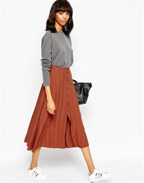 Asos Midi Skirt With Button Through In Self Stripe At Stile Di Moda Moda Gonna