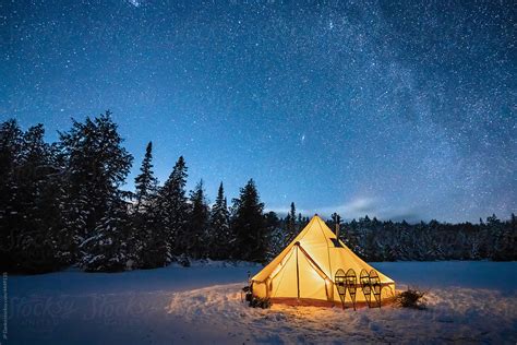 Canvas Tent With Winter Milky Way Galaxy Night Sky Landscape By