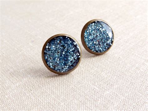 Blue Glitter Stud Earrings Blue Galaxy Stud Earrings Sparkle