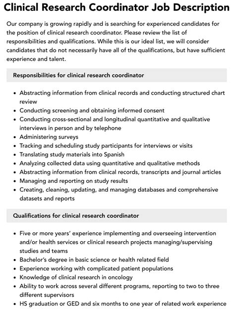Clinical Research Coordinator Job Description Velvet Jobs