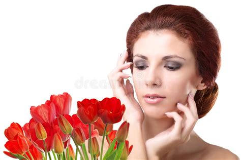 Woman With Beautiful Bouquet Fresh Red Tulips Stock Photo Image Of