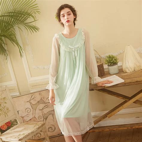 Autumn Cotton Long Lace Nightgowns Women Vintage Romantic Sleepwear