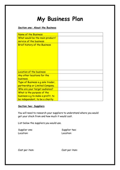 Business Plan Template By Flaink Teaching Resources Tes