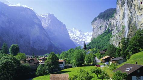 Trees Waterfall Lauterbrunnen Houses Mountains Viewes