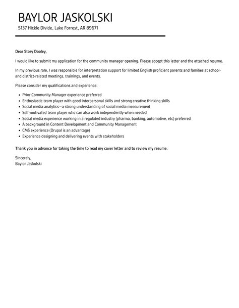 Community Manager Cover Letter Velvet Jobs
